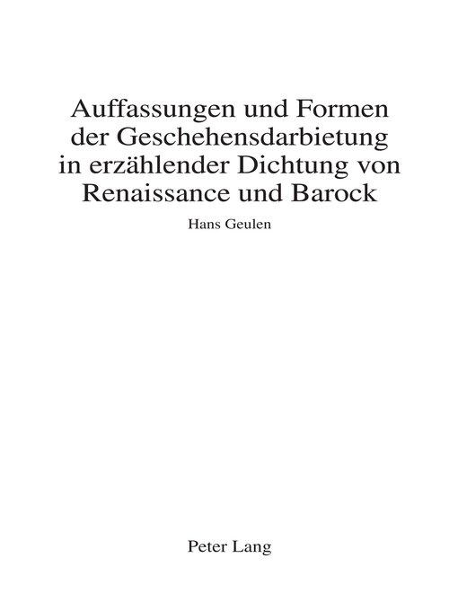 Title details for Auffassungen und Formen der Geschehensdarbietung in erzaehlender Dichtung von Renaissance und Barock by Eric Achermann - Wait list